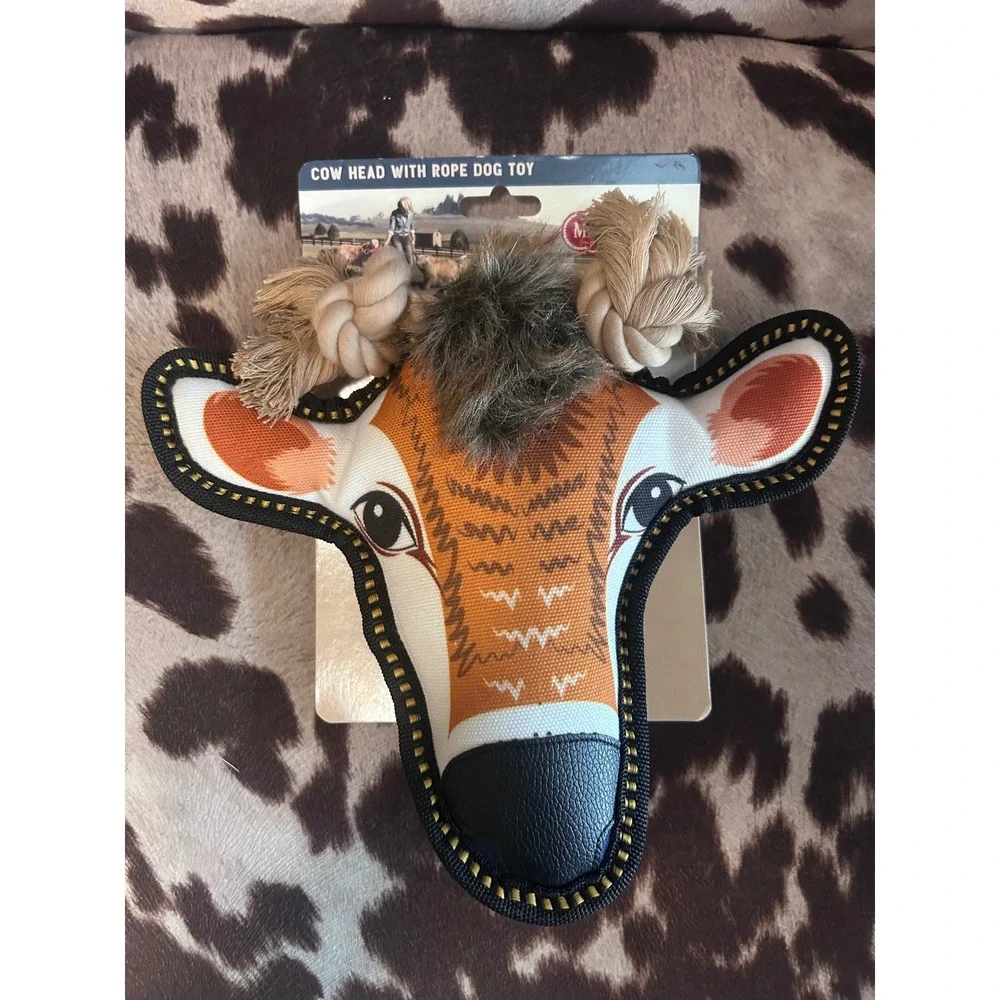 MuttNation Cow‎ Head Rope Dog Toy Medium Brown White Squeaker Western Tug Toy
